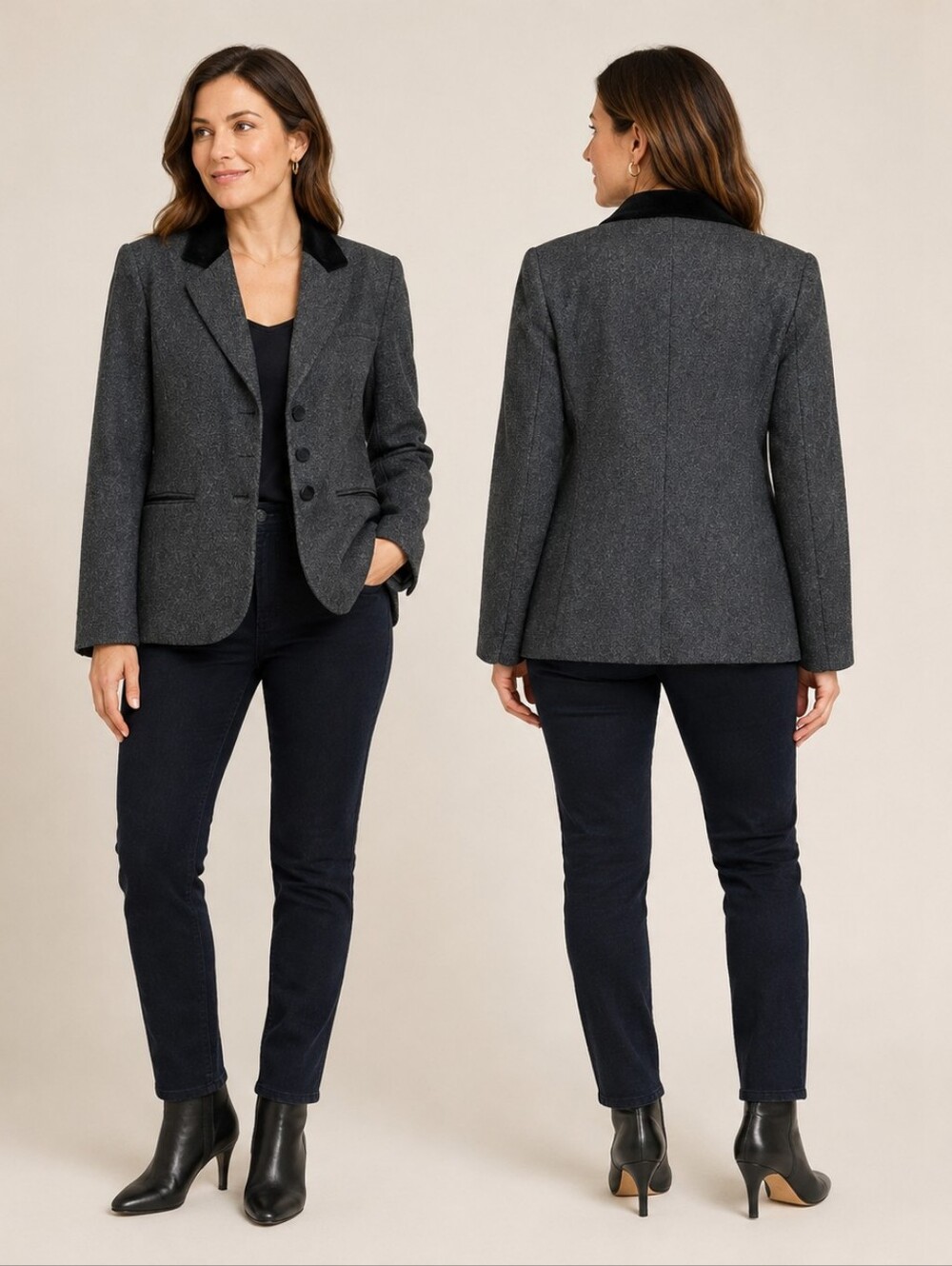Petite Sophisticate & Co Charcoal Velvet Trim Blazer Size 4P Dark Academia β’ Cla